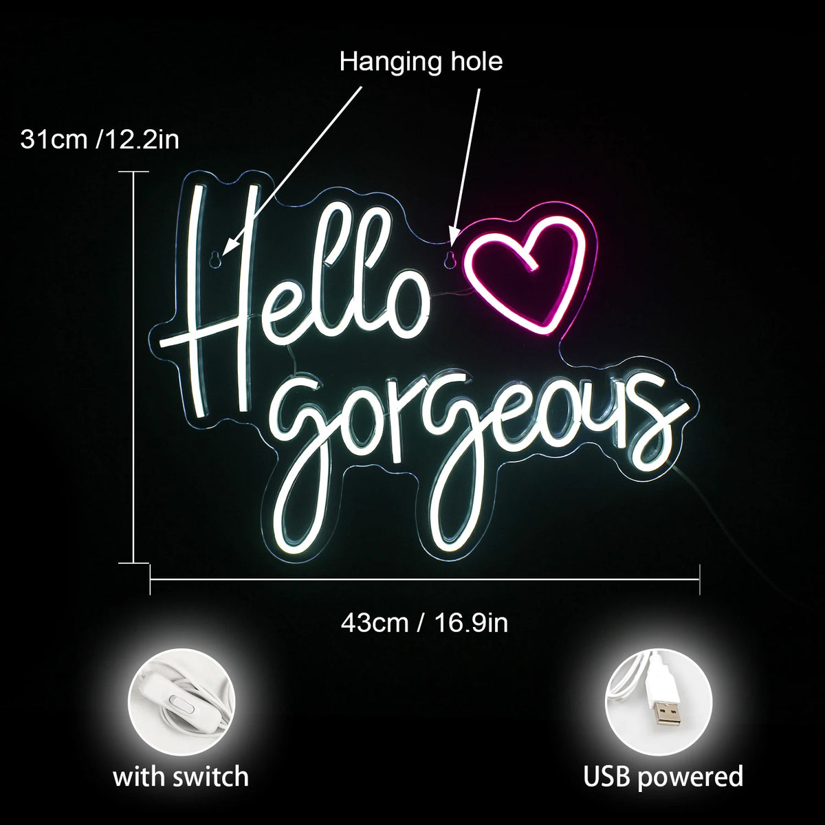Hello Gorgeous – Sydän – LED-neonvalomainos (5 V USB)