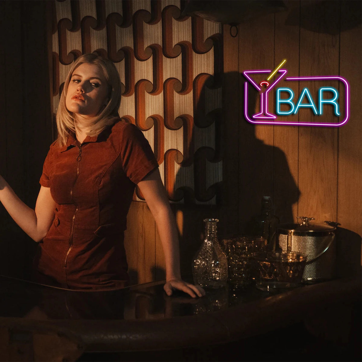 BAR – Cocktaillasi ja suorakaiteen muotoinen reunus – LED-neonvalomainos (5 V USB)