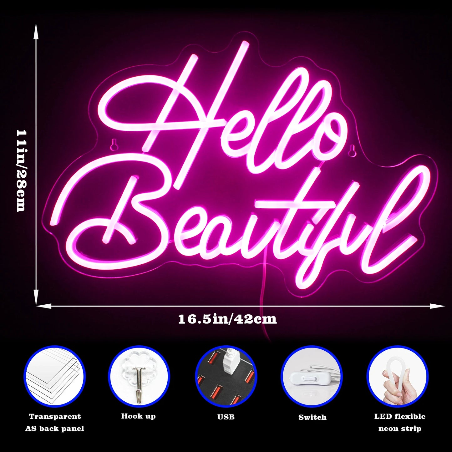 Hello Beautiful 5V Mini USB LED Neon Sign - Budget Friendly