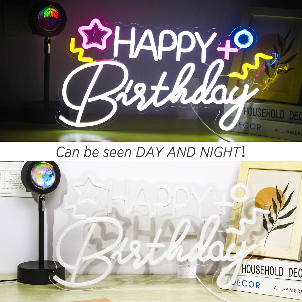 HAPPY Birthday – Tähti ja värikkäät symbolit – LED-neonkyltti (5 V USB)