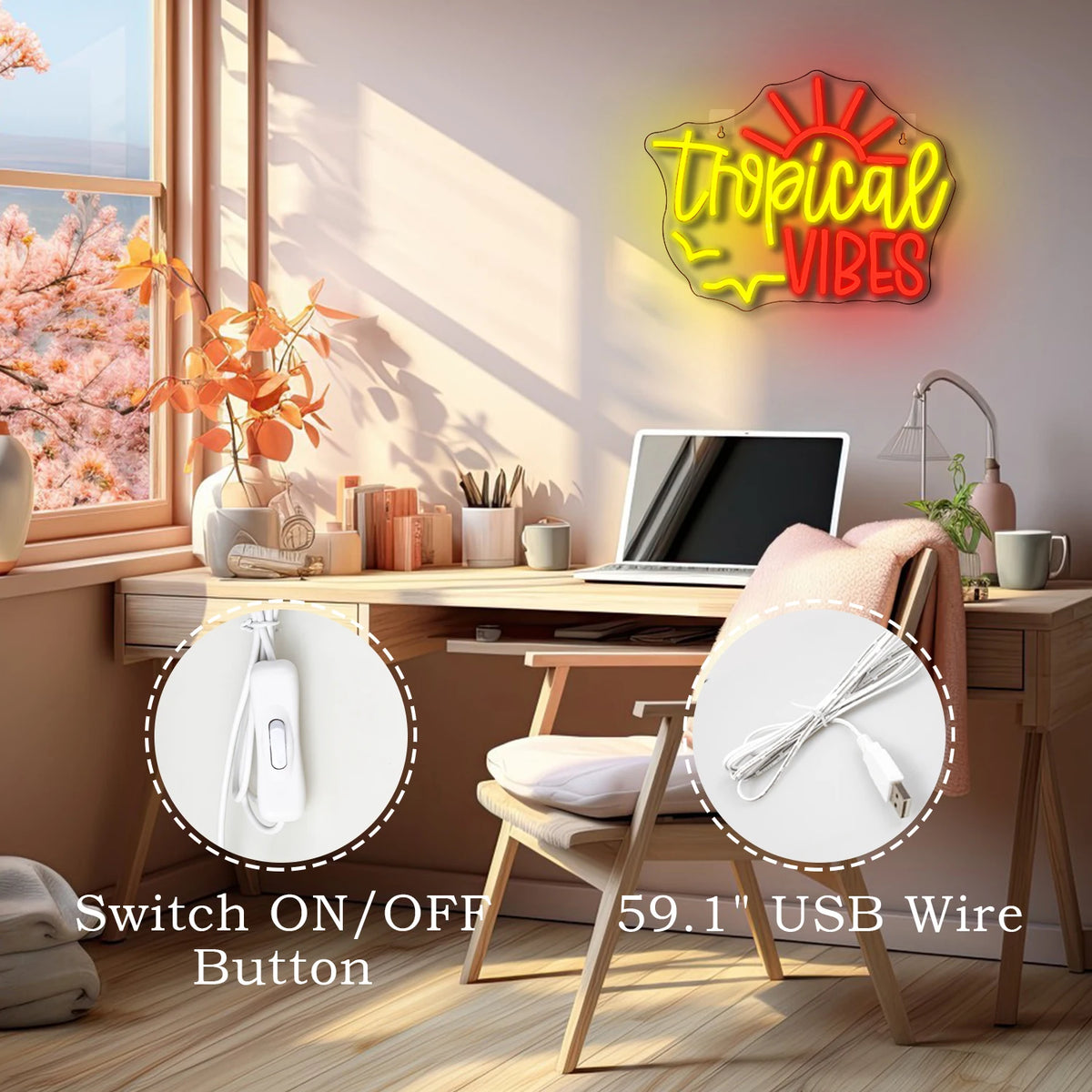 Tropical VIBES – Aurinko ja linnut – LED-neonkyltti (5 V USB)