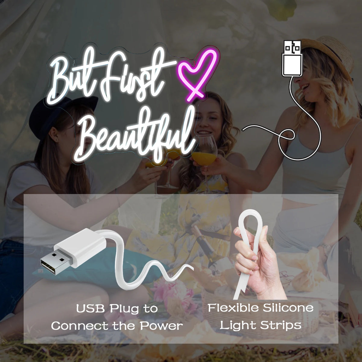 But First Beautiful – Sydän – LED-neonvalomainos (5 V USB)