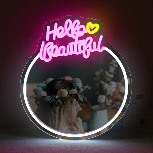 Kuvassa on tyylikäs käsintehty LED-neonkyltti, jossa on sana "Hello Beautiful" kirkkaalla, kursiivisella tekstillä.
