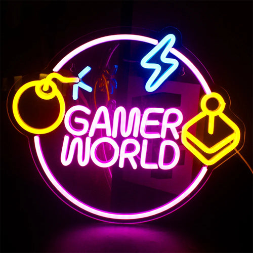 En livlig LED-neonskylt visas, med den fetstilta texten "Game World.