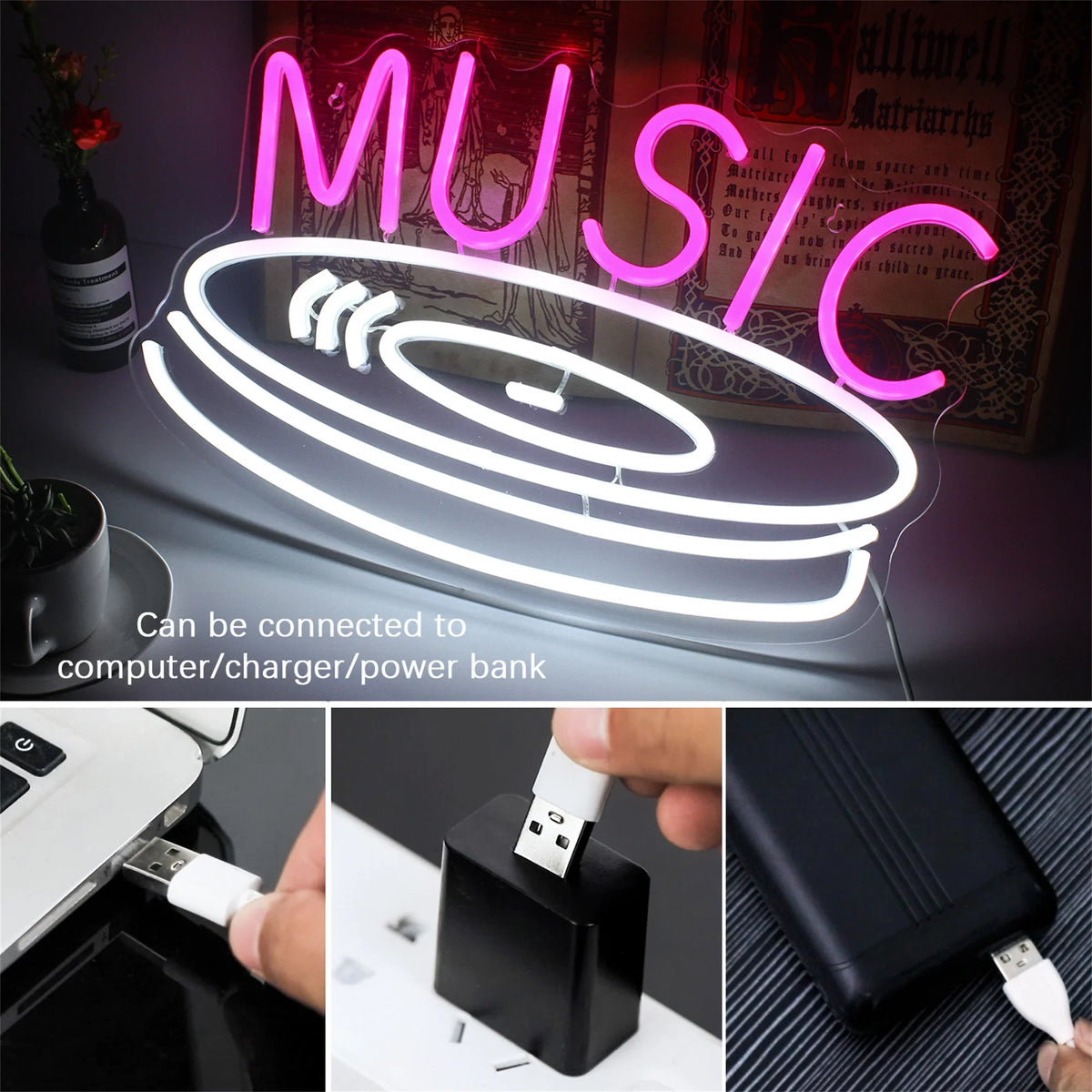 MUSIC – Vinylskiva – LED-neonskylt (5 V USB)