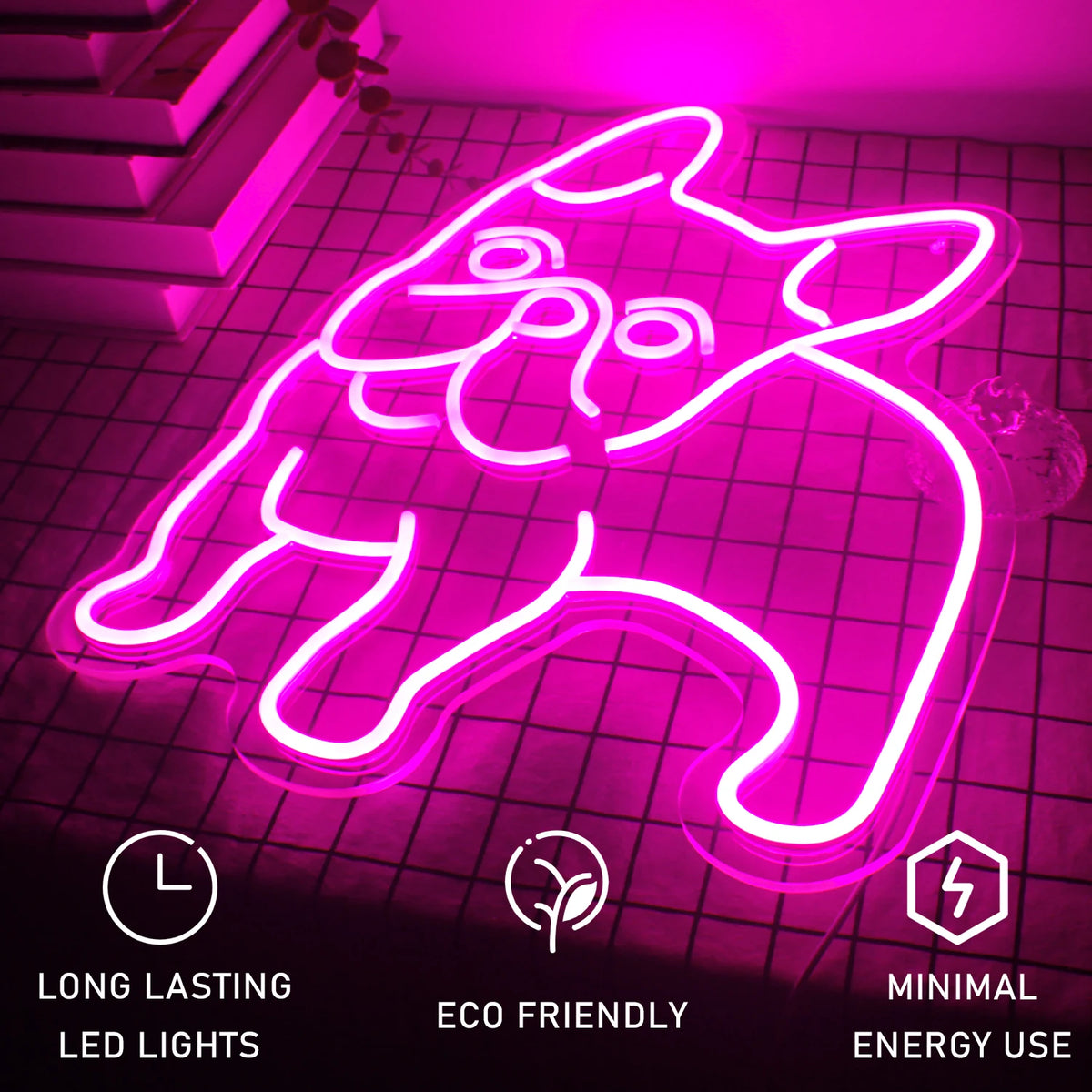 Vaaleanpunainen koira – LED-neonkyltti (5 V USB)