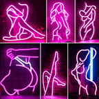 In the image, a vibrant LED neon sign depicts the silhouette of a sexy lady.