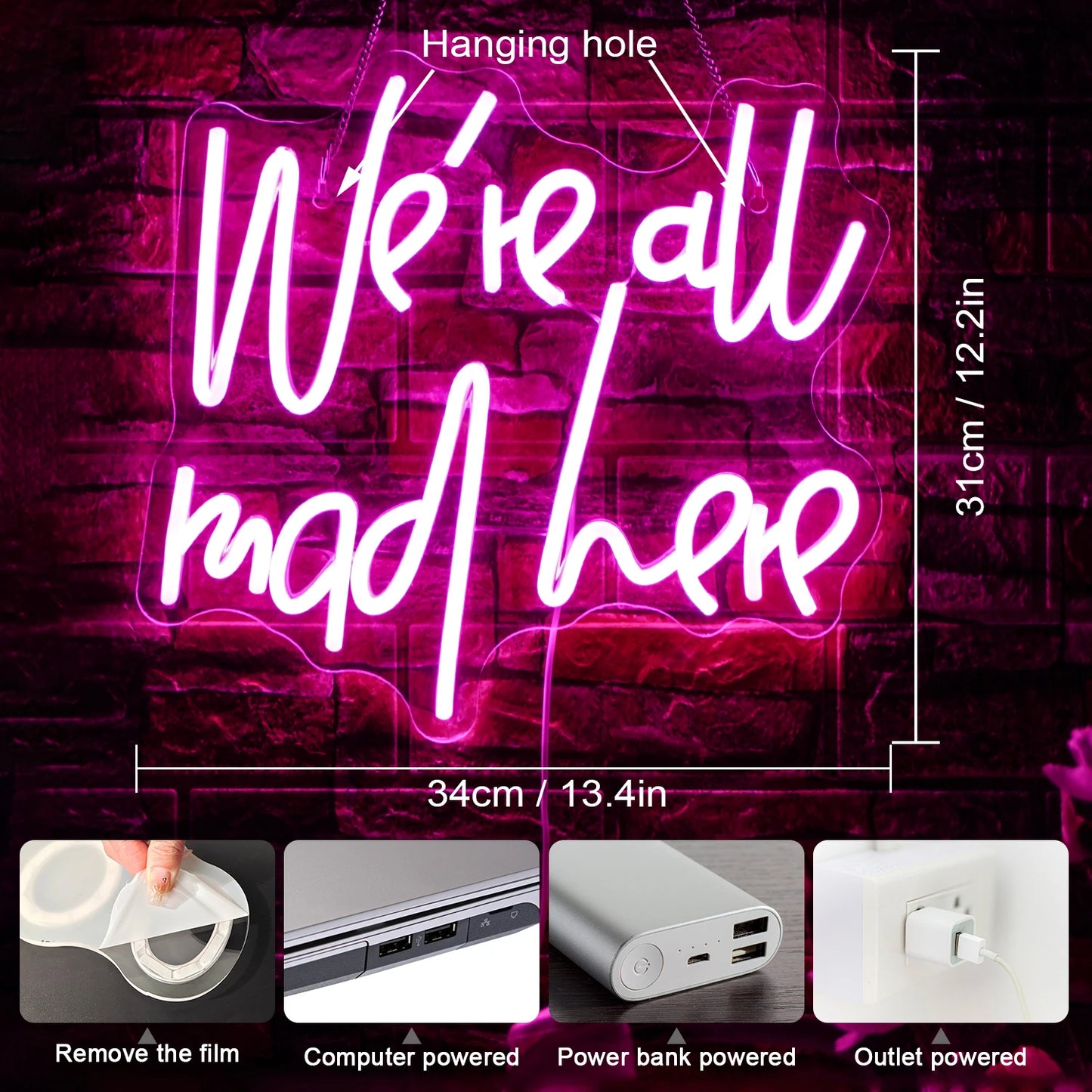 We're All Mad Here 5V Mini USB  LED Neon Sign - Budget Friendly