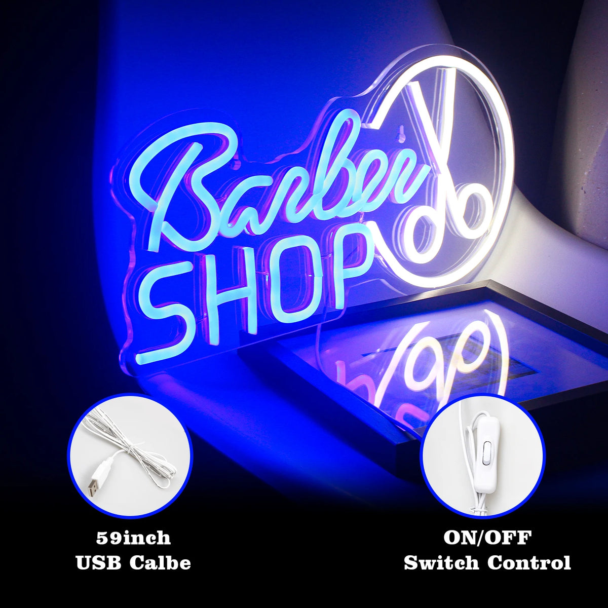 Barber SHOP – Sakset pyöreässä kehyksessä – LED-neonvalomainos (5 V USB)