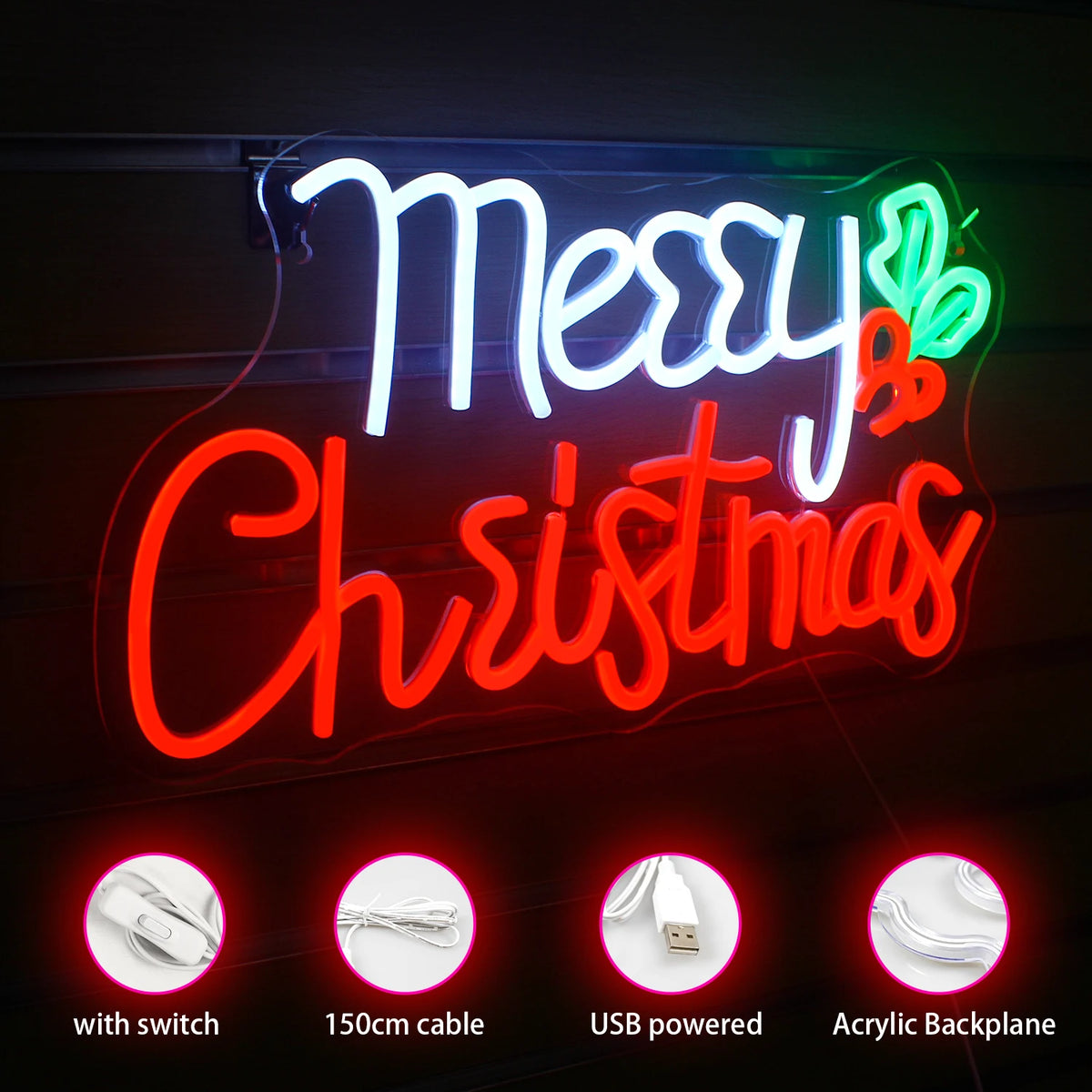 Merry Christmas – Orjanlaakeri – LED-neonkyltti (5 V USB)
