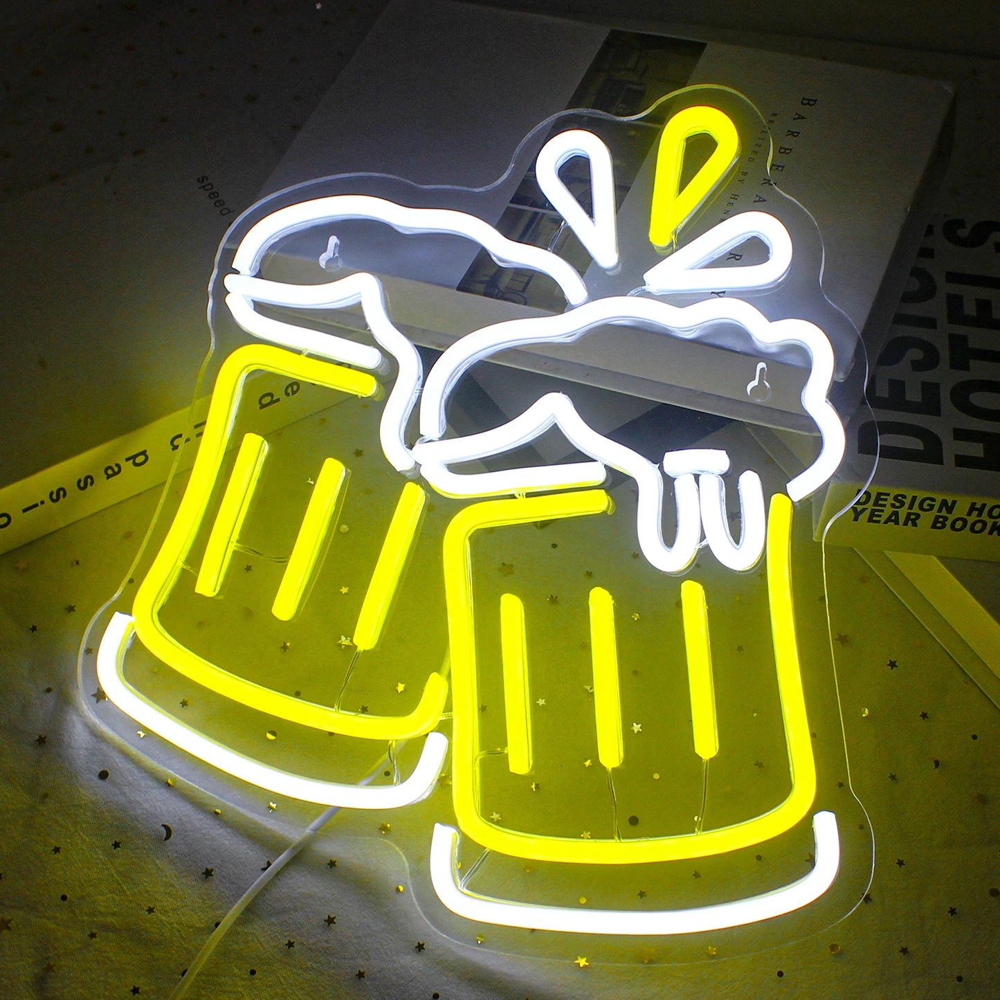 The image features a vibrant handmade LED neon sign displaying the phrase "Beer Cheers" in bright, glowing letters.