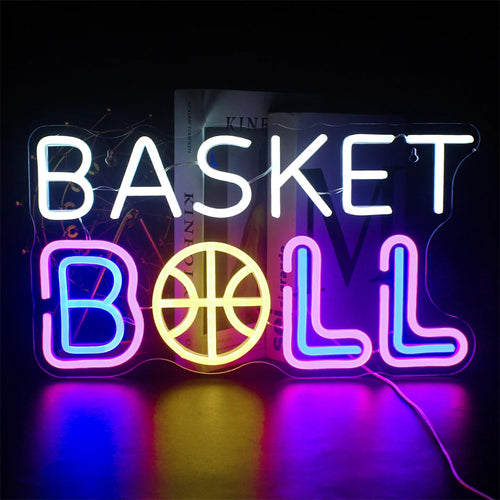 En levande och slående LED neonskylt formad som en basketboll.