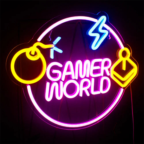 GAMER WORLD – Bomb, joystick och cirkel med blixtar – LED-neonskylt (5 V USB)