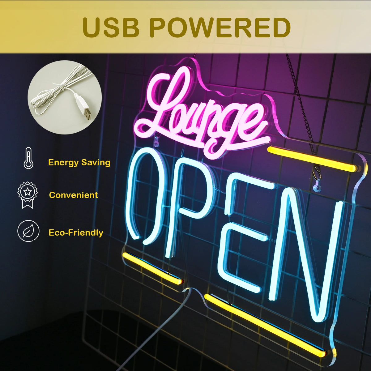 Lounge Open – LED-neonvalomainos (5 V USB)