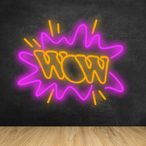 Eloisa LED-neonkyltti, jossa sana "WOW" on valaistu hehkuvanpunaisin kirjaimin tummaa taustaa vasten.