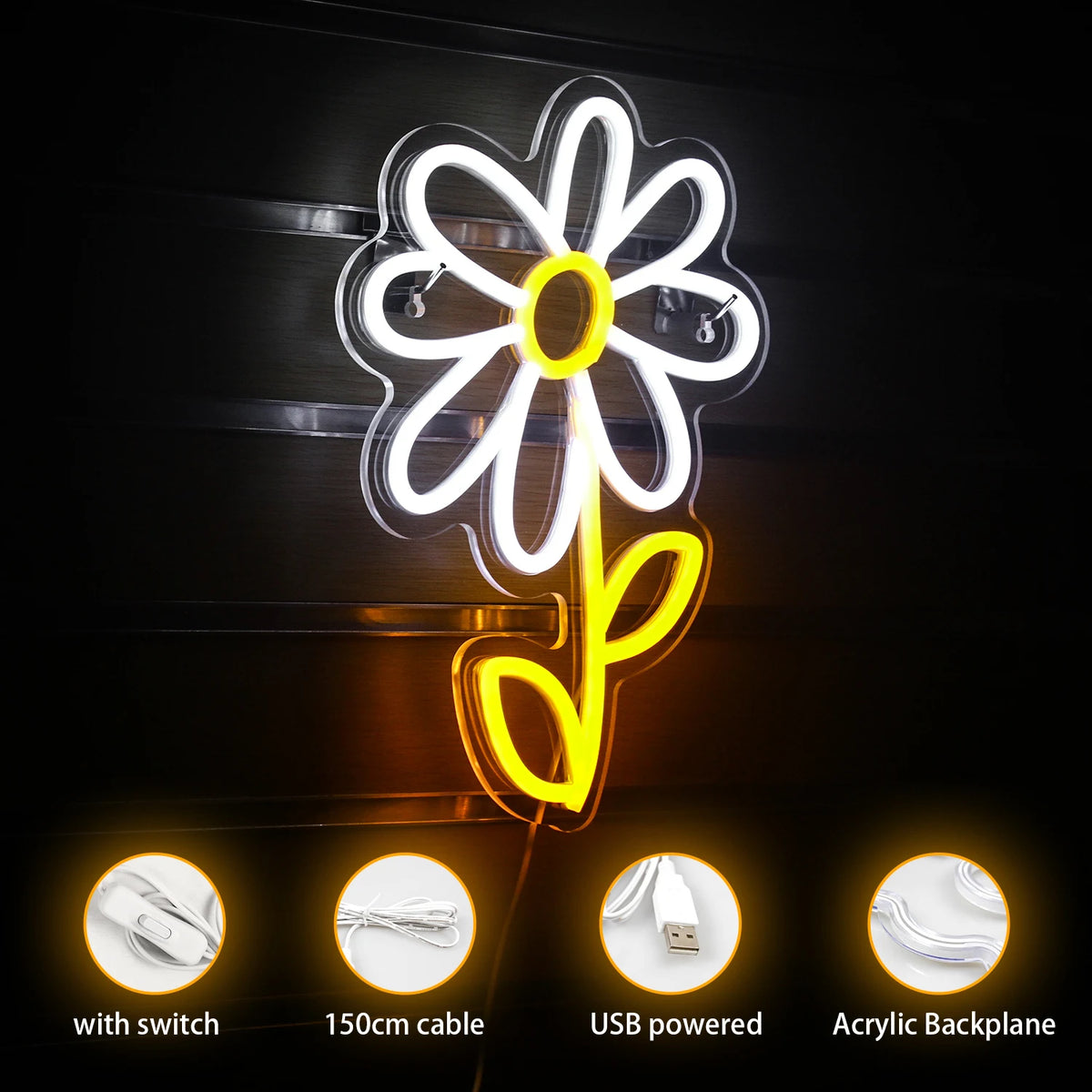 Päivänkakkara, sarjakuvatyyli – LED-neonkyltti (5 V USB)
