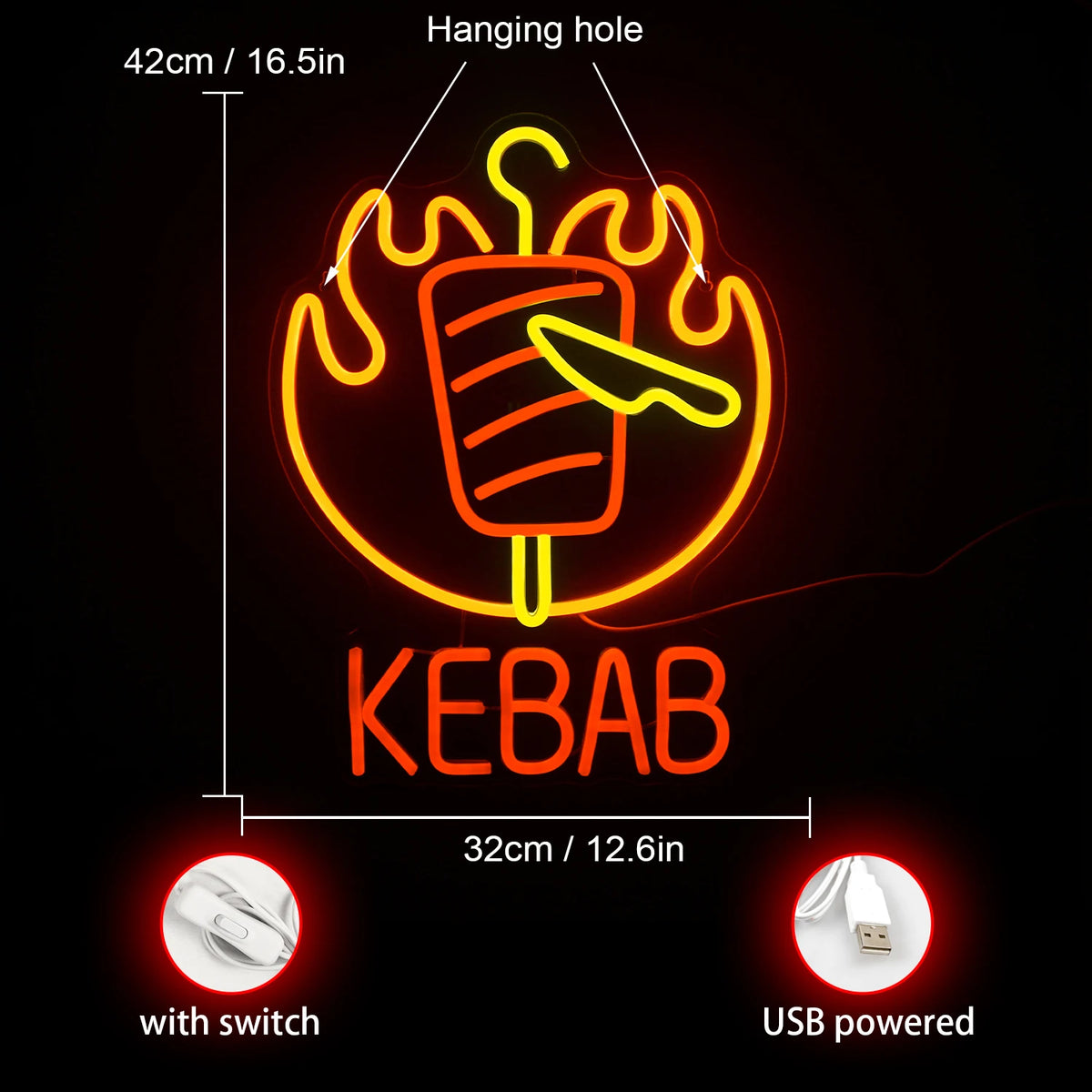 KEBAB – Liekehtivä kebabvarras ja veitsi – LED-neonvalomainos (5 V USB)
