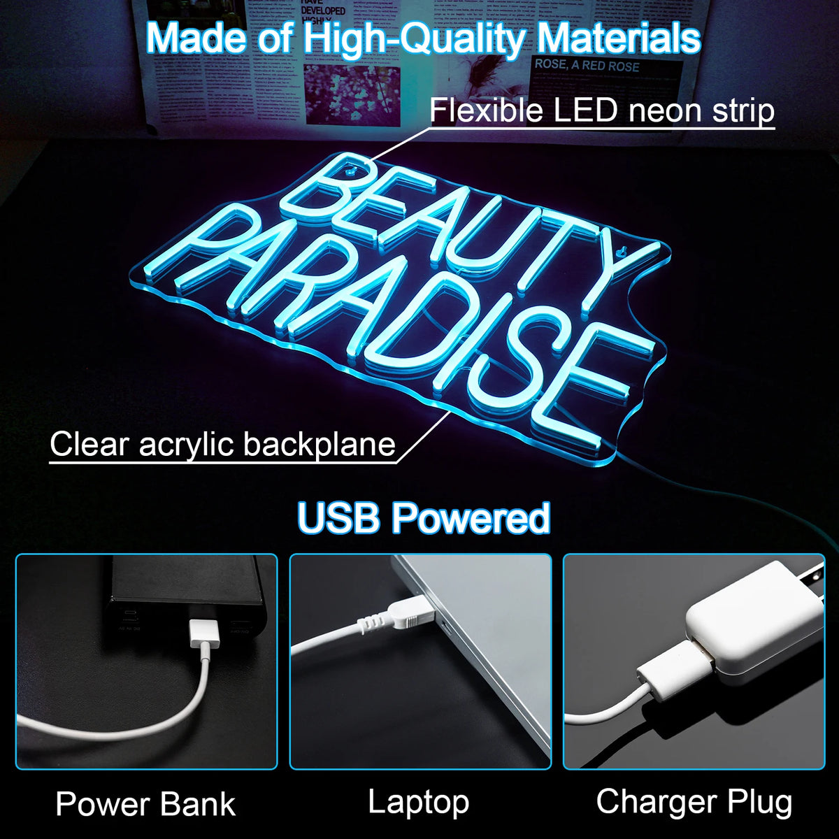 Beauty Paradise – LED-neonvalomainos (5 V USB)