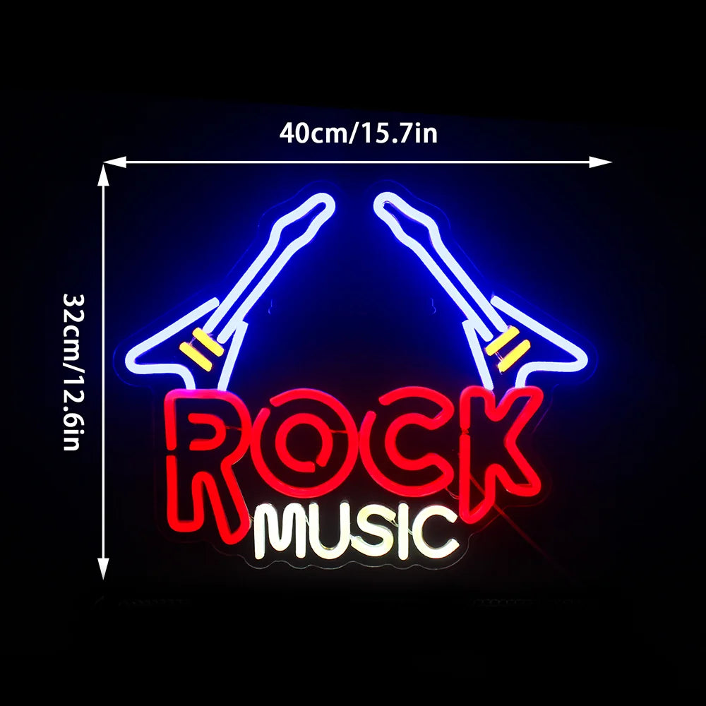 ROCK MUSIC – Kaksi sähkökitaraa – LED-neonkyltti (5 V USB)