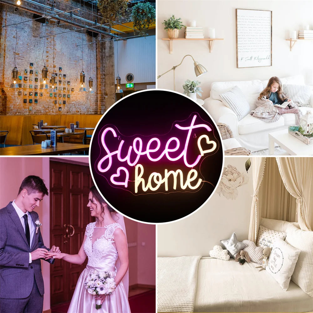 Sweet home – Sydämet – LED-neonkyltti (5 V USB)