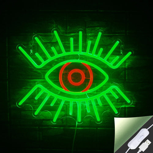 Bilden visar en levande LED-neonskylt i form av ett par ögon.