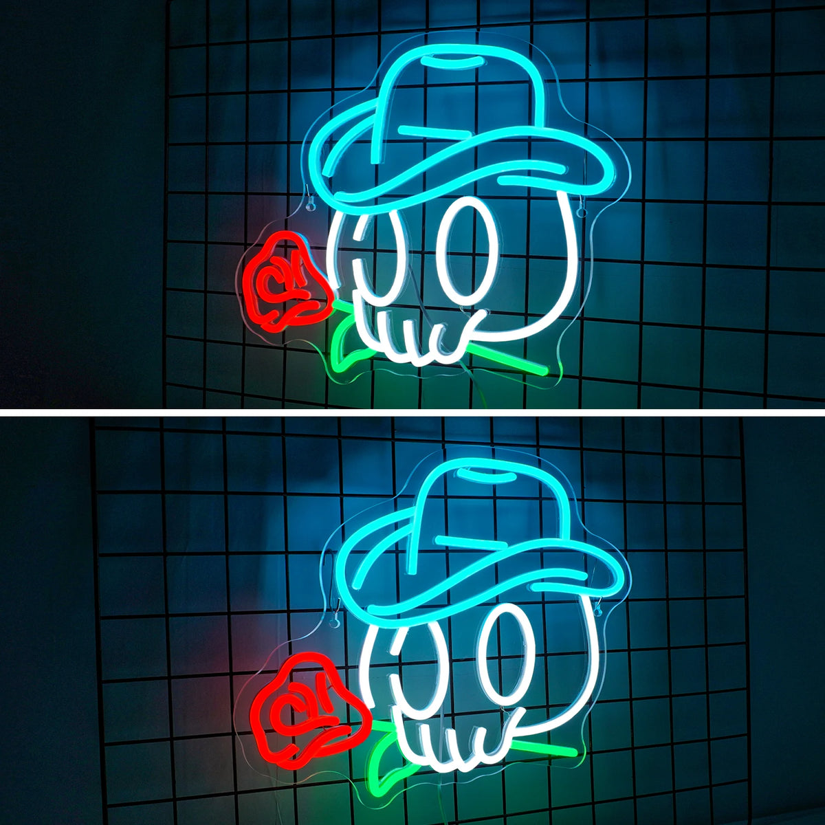 Cowboy-pääkallo ja ruusu – LED-neonkyltti (5 V USB)
