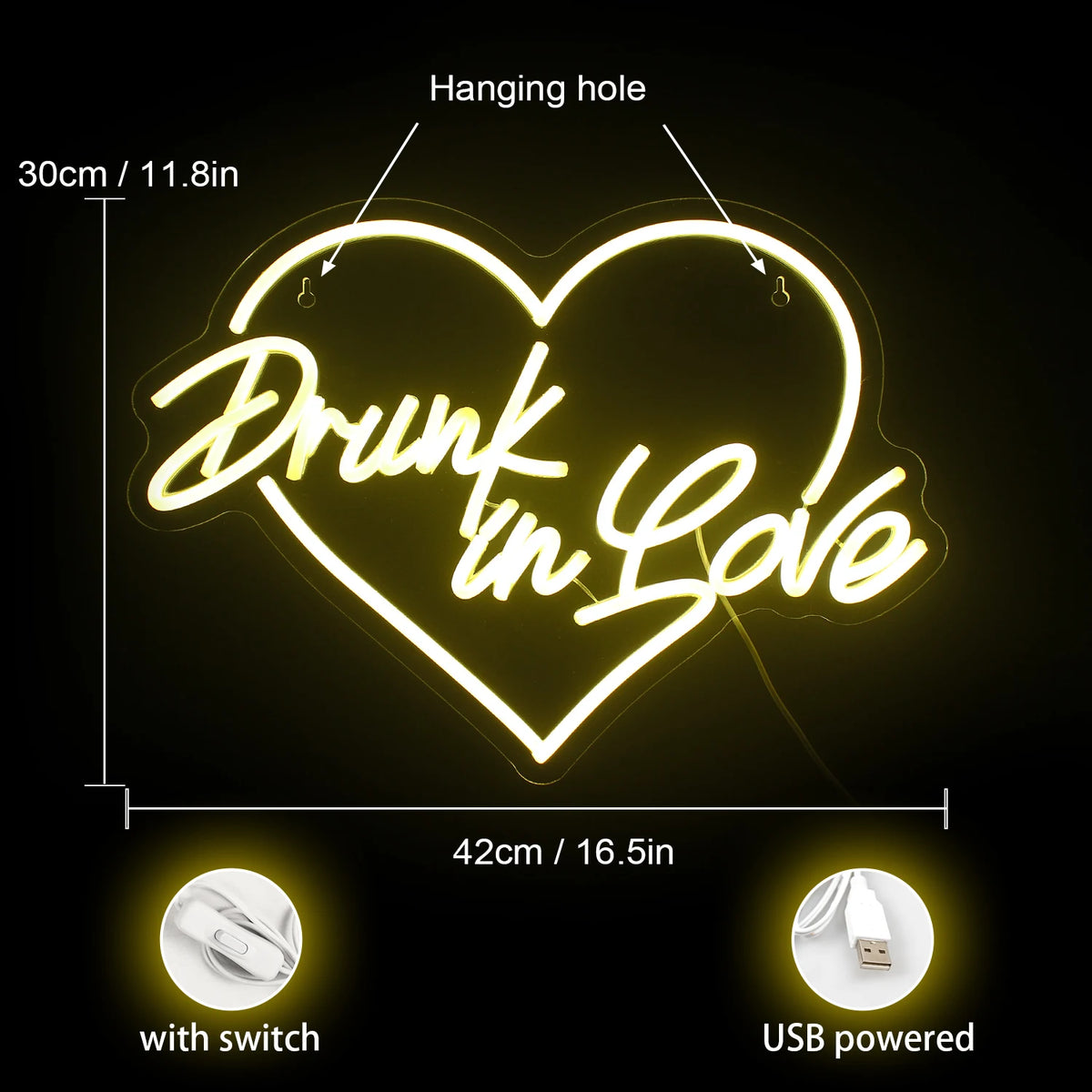 Drunk in Love – Sydämen ääriviiva – LED-neonkyltti (5 V USB)