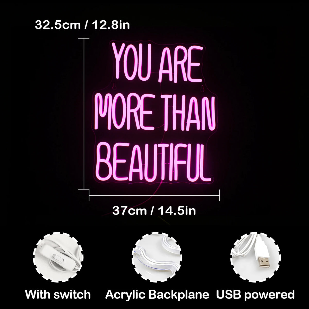 You Are More Than Beautiful – LED-neonvalomainos (5 V USB)
