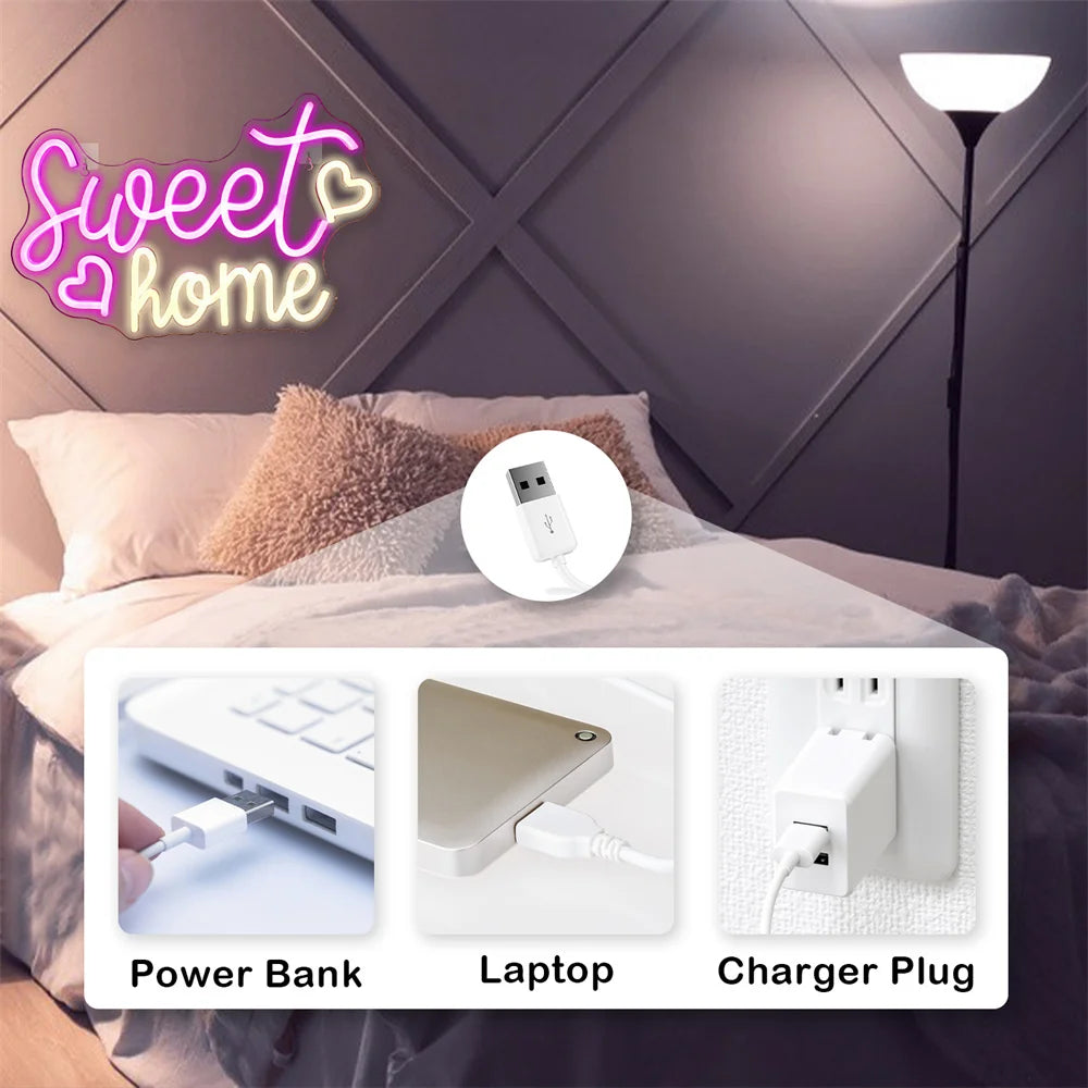 Sweet home – Sydämet – LED-neonkyltti (5 V USB)