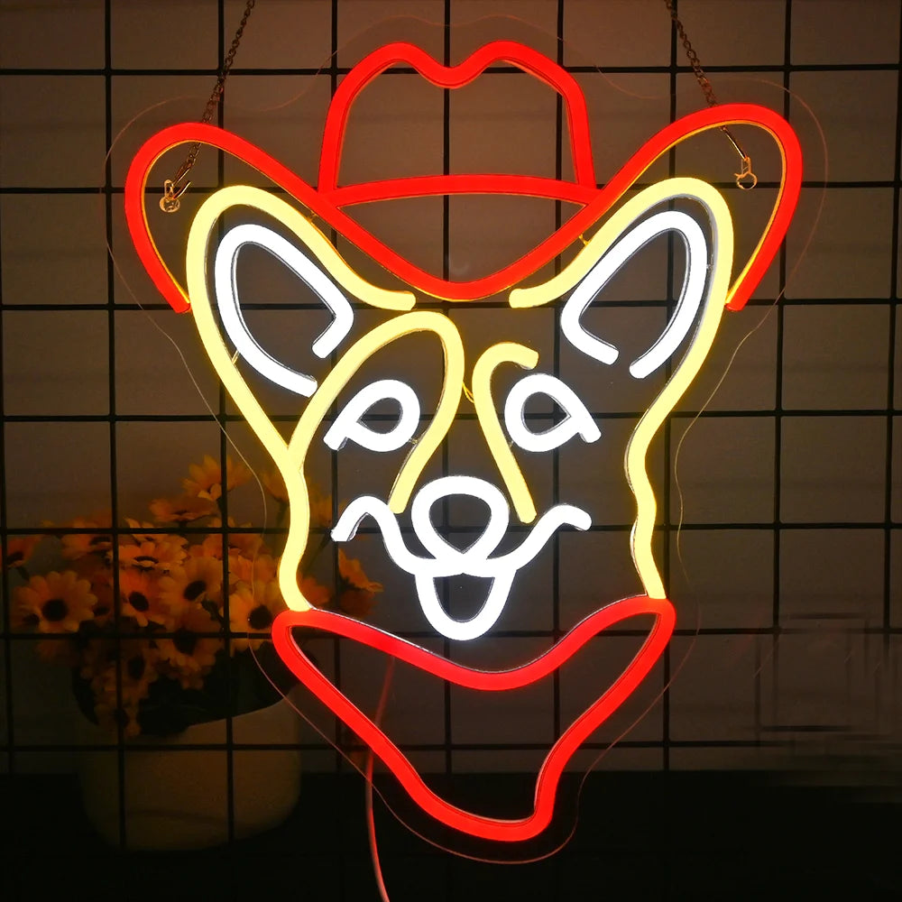 Kuvassa on eloisa LED-neonkyltti, joka on corgi-koiran muotoinen cowboyhattulla.