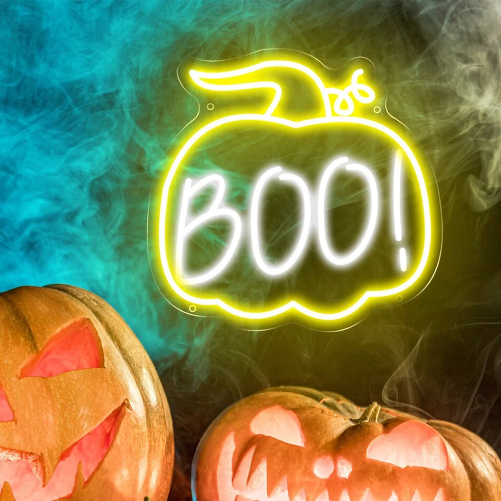 “Boo” (kurpitsa, noidanhattu) – LED-neonkyltti (5 V USB)