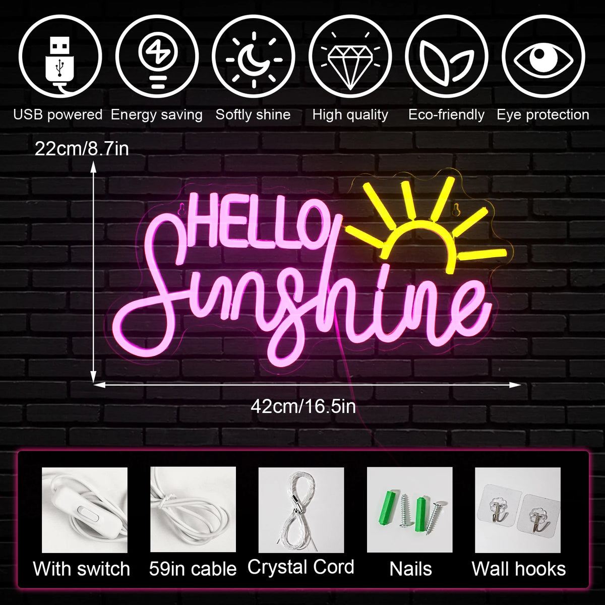 HELLO Sunshine – Aurinko – LED-neonkyltti (5 V USB)