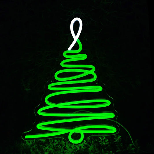 The image features a vibrant LED neon sign in the shape of a Christmas tree.