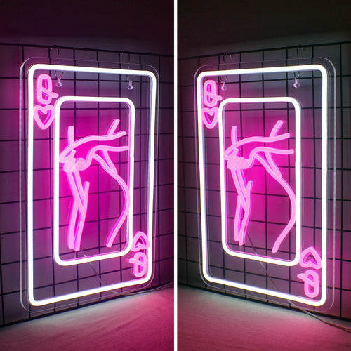 Damkort med kvinnosilhuett och hjärter – LED-neonskylt (5 V USB)