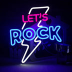 Eloisa LED-neonkyltti, jossa on sanat "Let's Rock" katseenvangitsijassa.