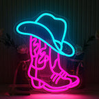 The image depicts a vibrant LED neon sign featuring a stylized design of a cowboy boot and hat.