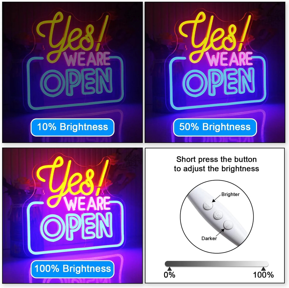 “Yes We Are Open” (suorakaidekehys) – LED-neonkyltti (5 V USB)