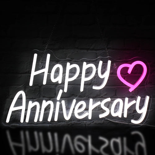 Säteilevä LED-valokyltti, jossa on sanat "Happy Anniversary" tyylikkäällä kursiivisella tekstillä.