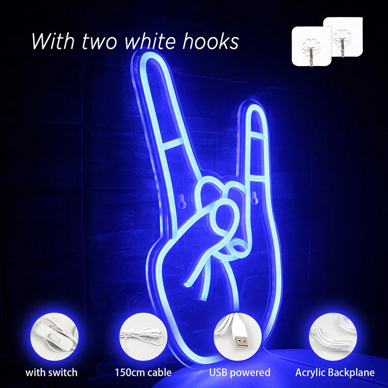 Rock-käsimerkki – LED-neonkyltti (5 V USB)