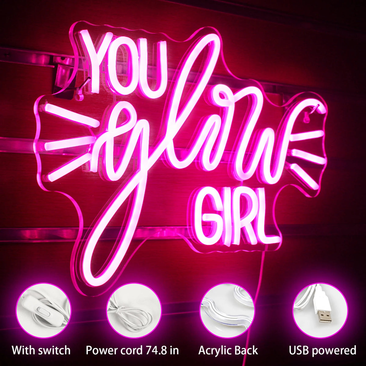 YOU glow GIRL – Valonsäteet – LED-neonkyltti (5 V USB)