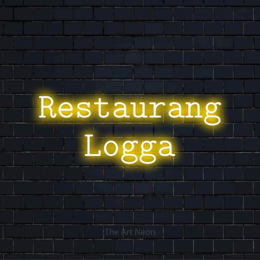 Personlig neonskylt med texten “Restaurang Logga” på en svart tegelvägg