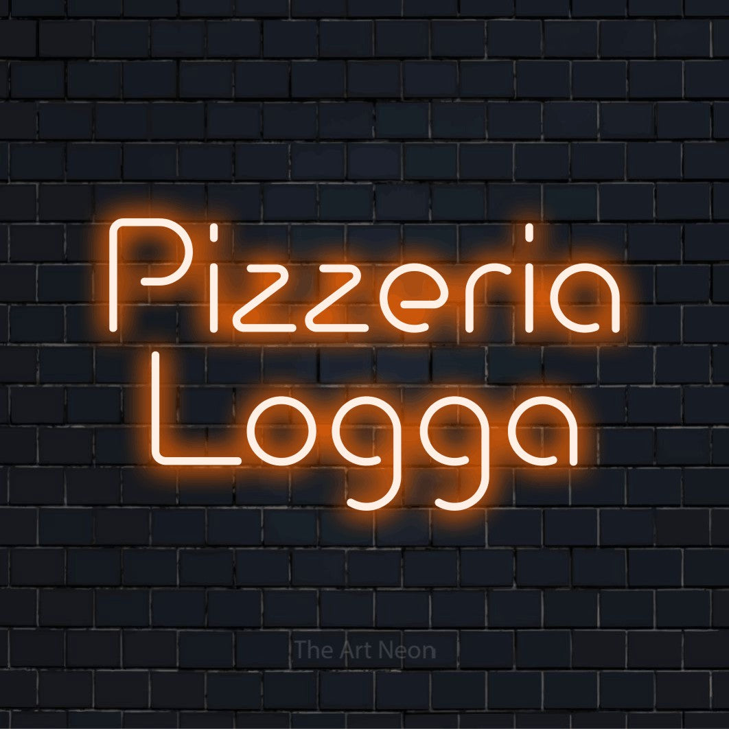 Personlig neonskylt med texten “Pizzeria Logga” på en svart tegelvägg