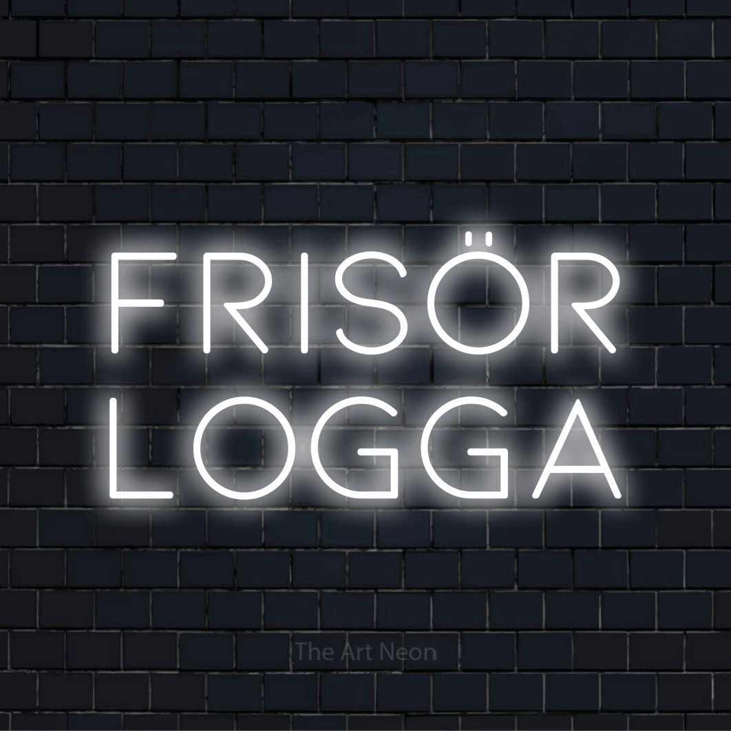 Personlig neonskylt med texten “Frisör Logga” på en svart tegelvägg