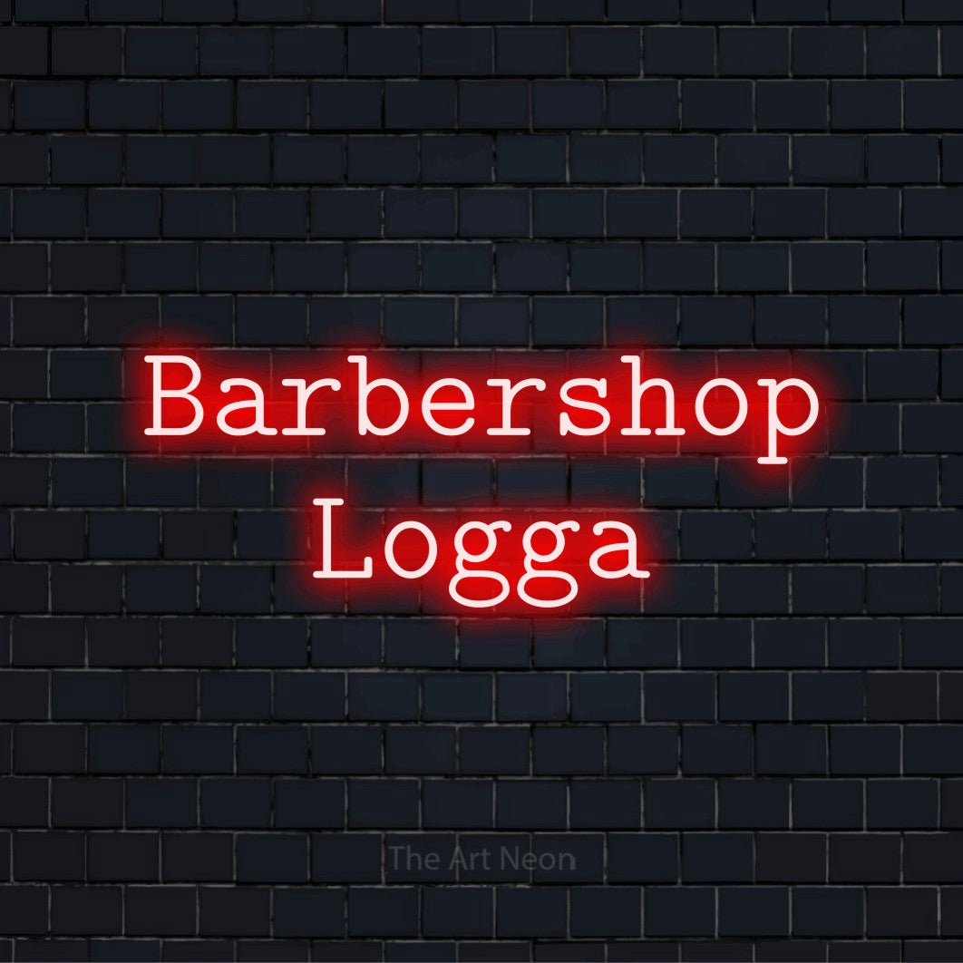 Personlig neonskylt med texten “Barbershop Logga” på en svart tegelvägg