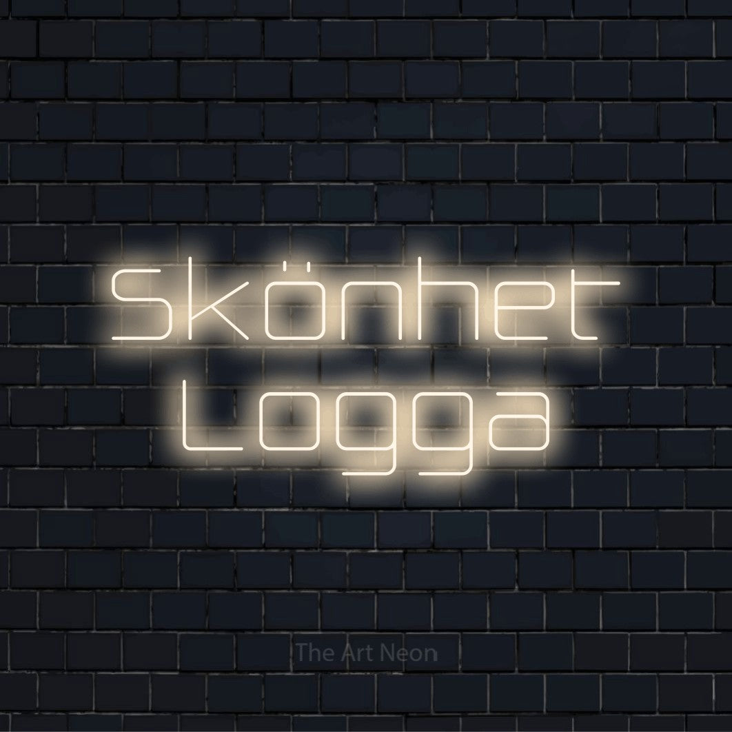 Personlig neonskylt med texten “Skönhet Logga” på en svart tegelvägg