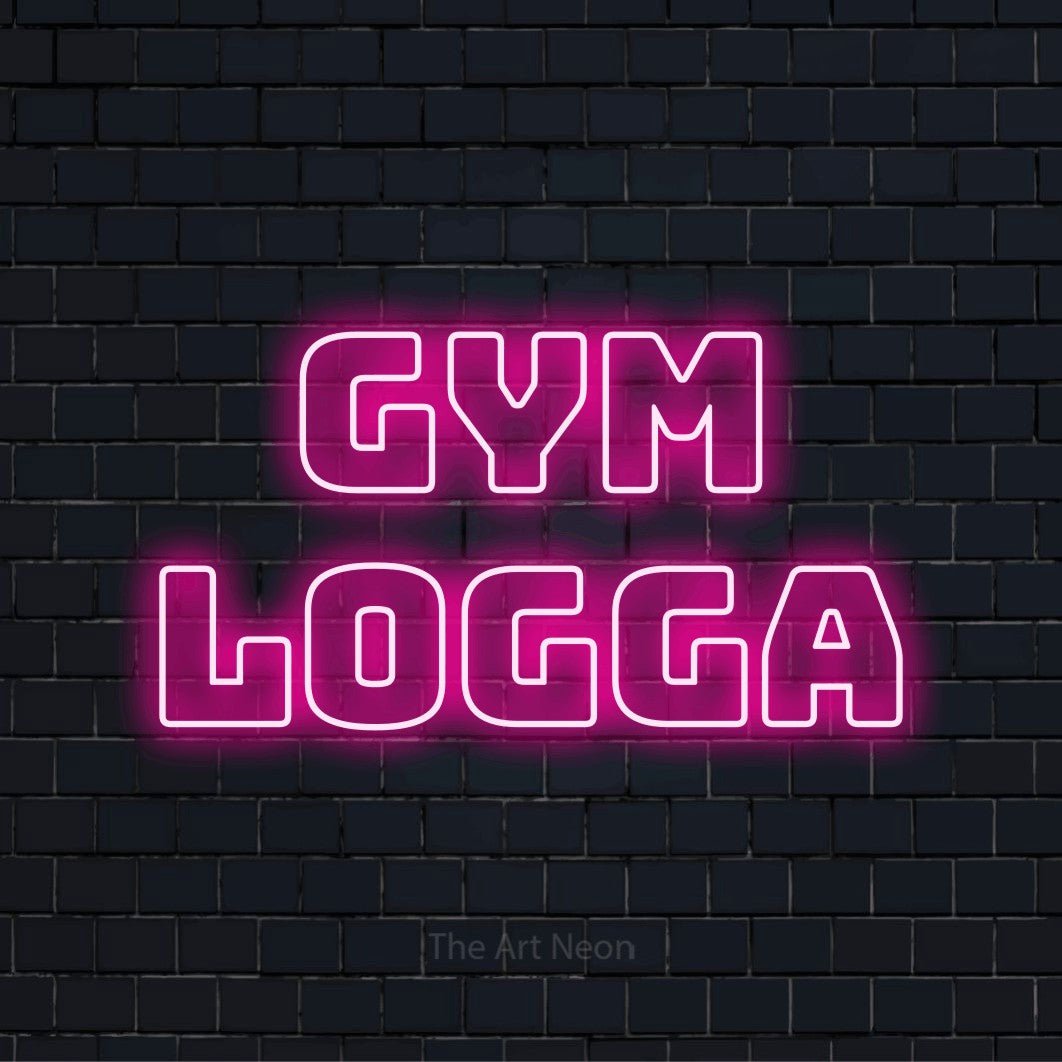 Personlig neonskylt med texten “Gym Logga” på en svart tegelvägg