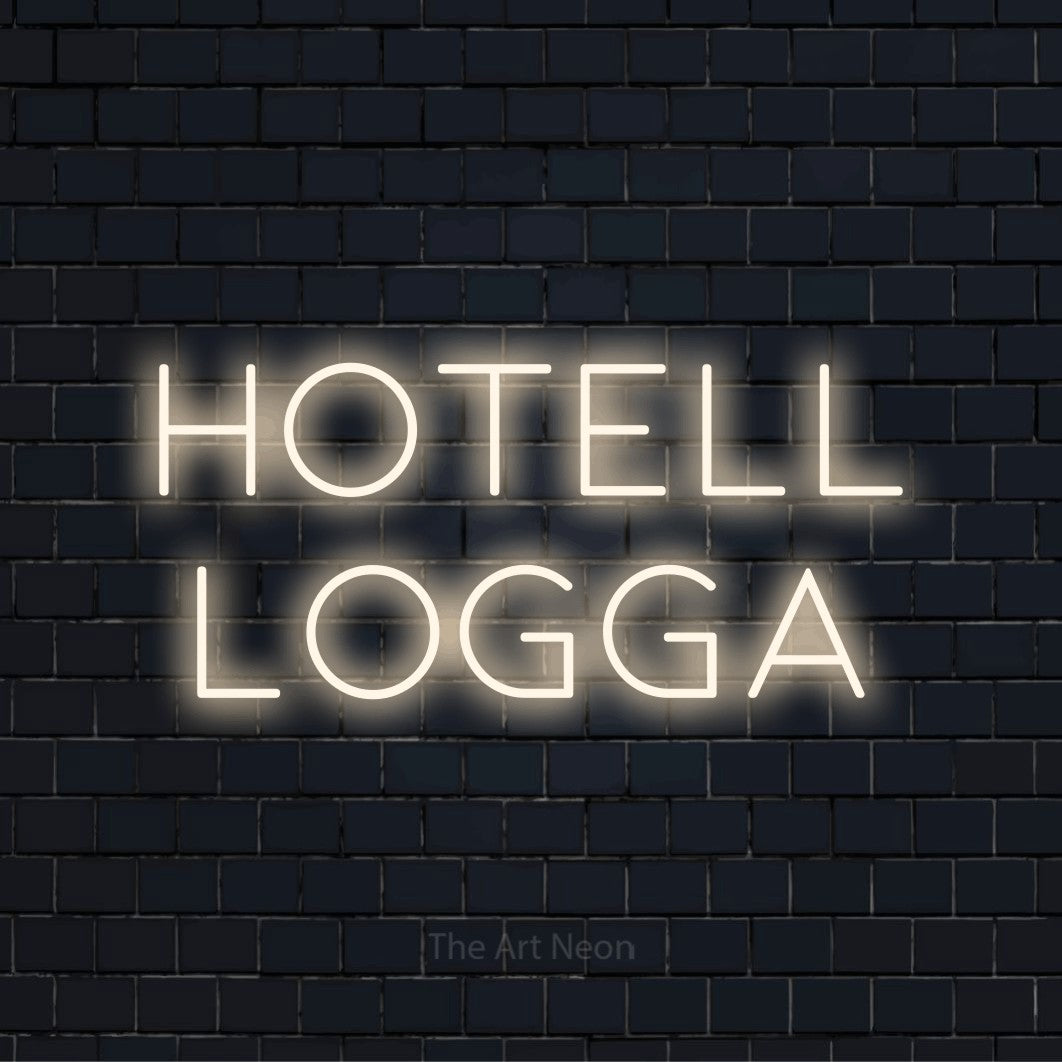 Personlig neonskylt med texten “Hotell Logga” på en svart tegelvägg