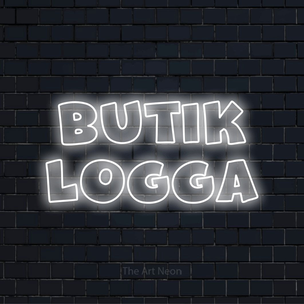 Personlig neonskylt med texten “Butik Logga” på en svart tegelvägg