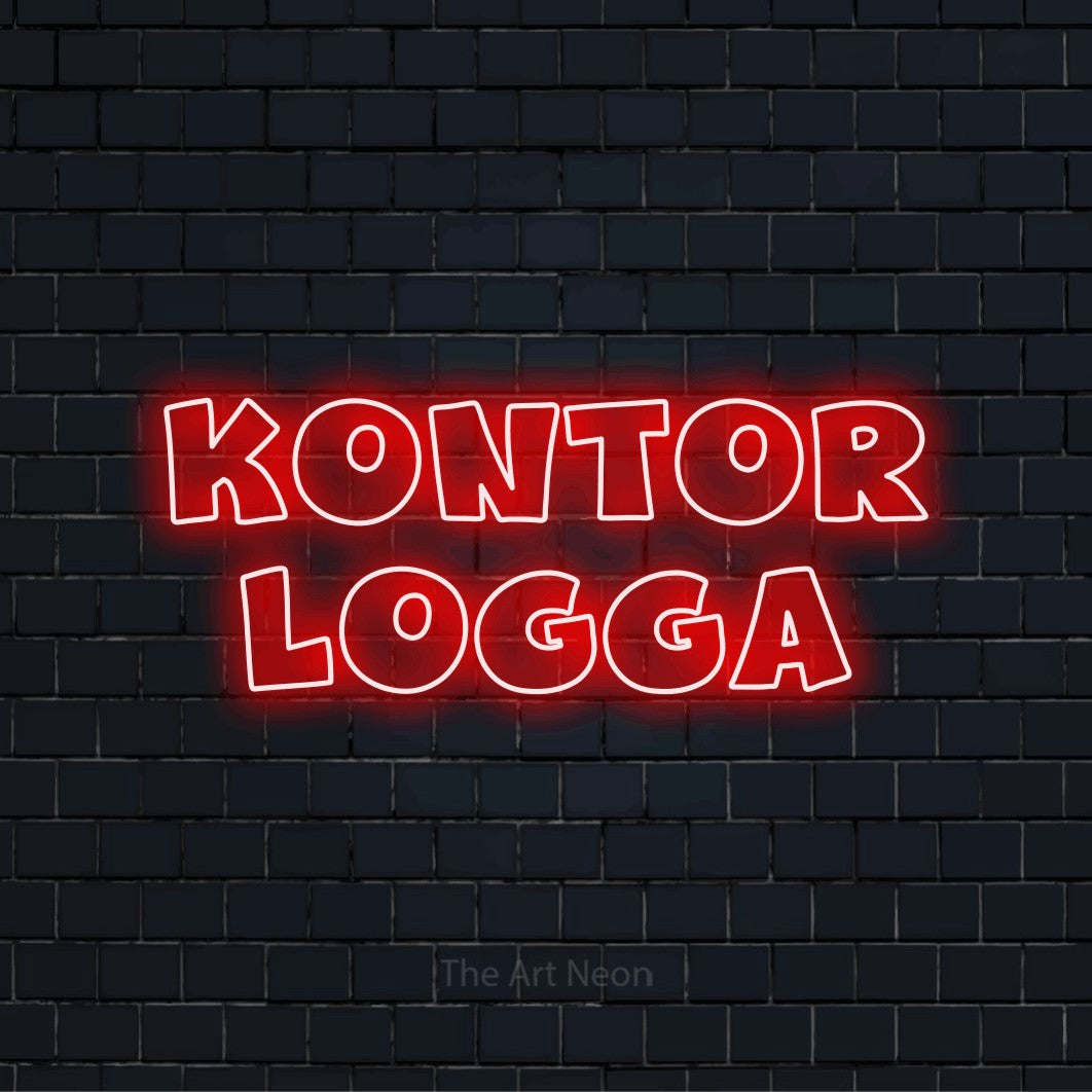 Personlig neonskylt med texten “Kontor Logga” på en svart tegelvägg