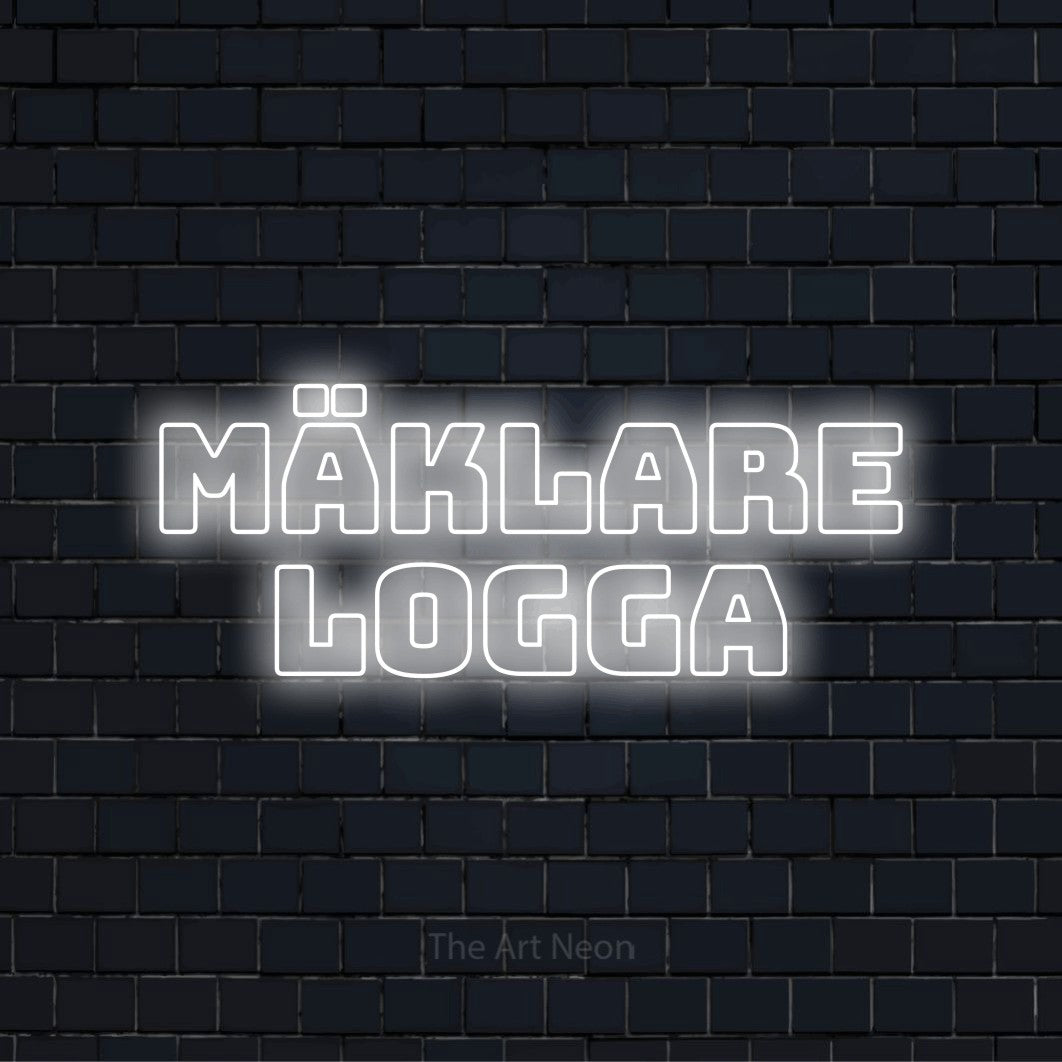 Personlig neonskylt med texten “Mäklare Logga” på en svart tegelvägg
